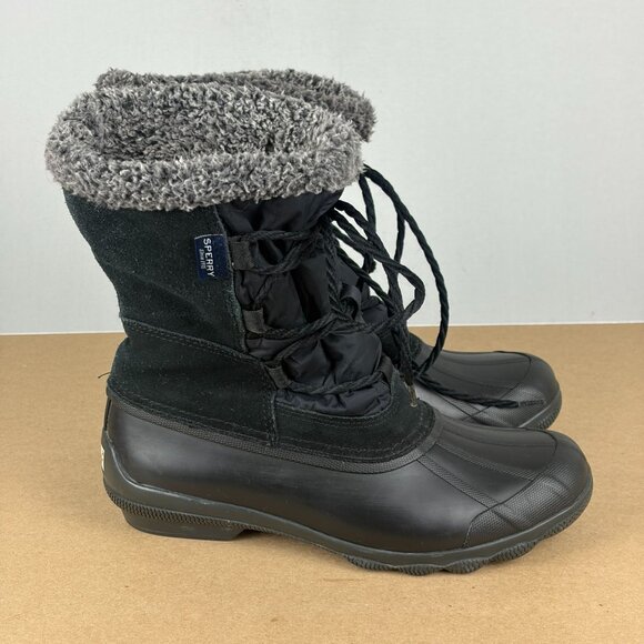 Sperry Syren Strait Quarter Duck Boots Womens 8 Black Suede Faux Fur Lace Up - Picture 3 of 8